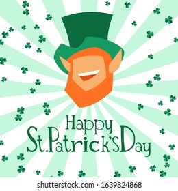 Saint Patricks Day greeting card with leprechaun. Holiday illustration with Irish symbol.