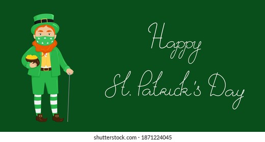 Saint Patrick's Day greeting card. Leprechaun in mask hold pot of gold. Vector illustration.