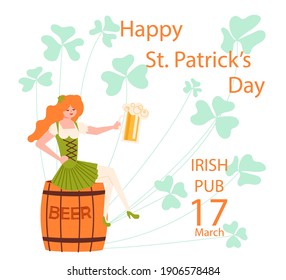 Saint Patricks Day greeting card. Joyful leprechaun with mug sits on beer Barrel. Flat Art Vector illustration