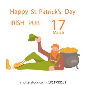 Saint Patricks Day greeting card. Joyful leprechaun with mug of beer lies with his elbows on the pot. Flat Art Vector illustration