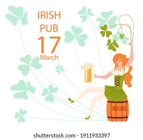 Saint Patricks Day greeting card. Joyful leprechaun with mug sits on beer Barrel. Flat Art Vector illustration