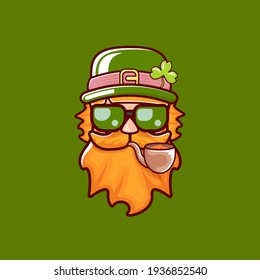 Saint Patricks Day greeting card. Irish Leprechaun with green hat, red mustache, beard, smoking pipe and funky hipster sunglasses isolated on green. Saint Patrick label or line art cartoon style icon.