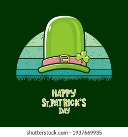 Saint Patricks Day greeting card. Irish Leprechaun green hat and greeting text isolated on green background with sun. Saint Patrick label or line art cartoon style icon.