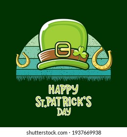 Saint Patricks Day greeting card. Irish Leprechaun green hat and greeting text isolated on green background with sun. Saint Patrick label or line art cartoon style icon.