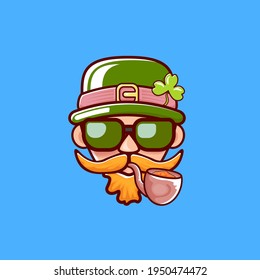 Saint Patricks Day greeting card. Irish Leprechaun with green hat, red mustache, beard, smoking pipe and funky hipster sunglasses isolated on blue. Saint Patrick label or line art cartoon style icon.