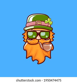 Saint Patricks Day greeting card. Irish Leprechaun with green hat, red mustache, beard, smoking pipe and funky hipster sunglasses isolated on blue. Saint Patrick label or line art cartoon style icon.