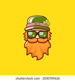 Saint Patricks Day greeting card. Irish Leprechaun with green hat, red mustache, red beard and funky hipster sunglasses isolated on yellow. Saint Patrick label or line art cartoon style icon.
