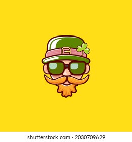 Saint Patricks Day greeting card. Irish Leprechaun with green hat, red mustache, red beard and funky hipster sunglasses isolated on yellow. Saint Patrick label or line art cartoon style icon.