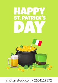 Saint Patricks Day greeting card with Leprechaun hat, pot of gold, Shamrock and glass of beer. Vector cartoon illustration with clover and text.