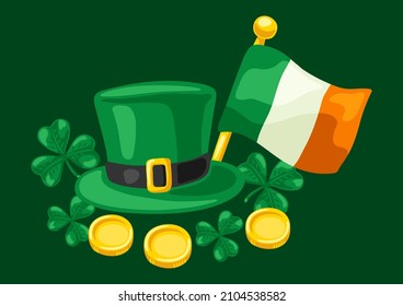 Saint Patricks Day greeting card. Holiday illustration with Irish national items.