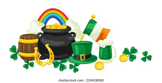 Saint Patricks Day greeting card. Holiday illustration with Irish national items.