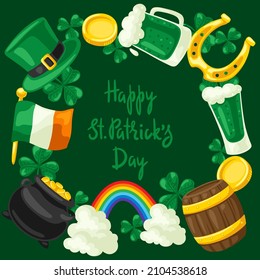 Saint Patricks Day greeting card. Holiday illustration with Irish national items.