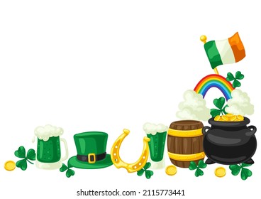 Saint Patricks Day greeting card. Holiday illustration with Irish national items.