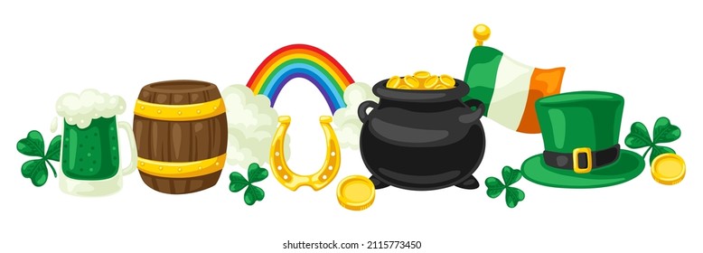 Saint Patricks Day greeting card. Holiday illustration with Irish national items.