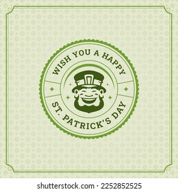 Saint Patrick's Day greeting card smiling leprechaun vintage typographic template vector illustration. Luck of Irish traditional holiday celebration bearded character in hat clover background