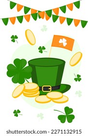 Saint Patricks Day greeting card. St Patricks Day party vector flyer. March 17. Happy St Patricks day banner illustration.