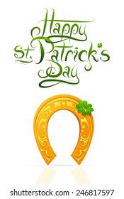 Saint Patrick's Day greeting card design with golden horseshoe and shamrock as Holiday symbol