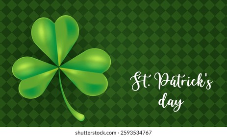 Saint Patricks day greeting card design. Leaf shamrock on green celtic pattern and background. Vector Illustration. Spring holiday concept