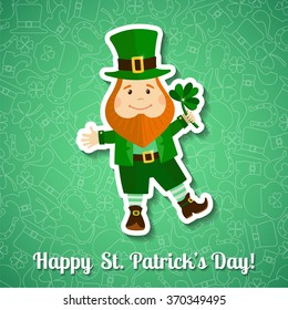 Saint Patrick's Day greeting card. Cute leprechaun with clover on seamless pattern background. Vector illustration