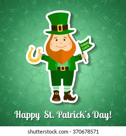 Saint Patrick's Day greeting card. Cute happy leprechaun with horseshoe and flag good luck. Vector illustration