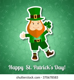 Saint Patrick's Day greeting card. Cute leprechaun with clover on seamless pattern background. Vector illustration