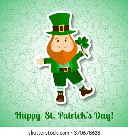 Saint Patrick's Day greeting card. Cute leprechaun with clover on seamless pattern background. Vector illustration