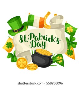 Saint Patricks Day greeting card. Flag Ireland, pot of gold coins, shamrocks, green hat and horseshoe.