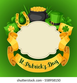 Saint Patricks Day greeting card. Flag, pot of gold coins, shamrocks, green hat and horseshoe.