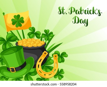 Saint Patricks Day greeting card. Flag, pot of gold coins, shamrocks, green hat and horseshoe.