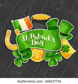 Saint Patricks Day greeting card. Flag Ireland, pot of gold coins, shamrocks, green hat and horseshoe.
