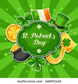 Saint Patricks Day greeting card. Flag Ireland, pot of gold coins, shamrocks, green hat and horseshoe.