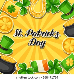 Saint Patricks Day greeting card. Flag Ireland, pot of gold coins, shamrocks, green hat and horseshoe.