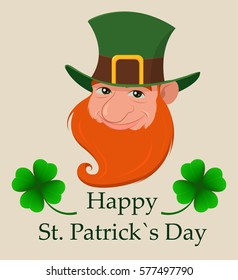 Saint Patrick's Day greeting card. Head of cartoon happy leprechaun. Character with green hat, red beard and four leaf clover. Vector modern illustration on Saint Patrick's Day.  EPS10