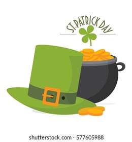 Saint Patrick's Day Greeting Card. Cauldron, gold coins, leprechaun hat and shamrock.