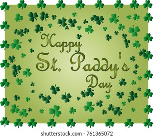 Saint Patrick's Day greeting card with sparkled green clover leaves and text. Inscription - Happy St. Paddys Day