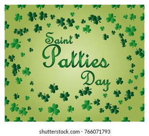 Saint Patrick's Day greeting card with sparkled green clover leaves and text. Inscription - Saint Patties Day