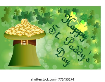 Saint Patrick's Day greeting card with sparkled green clover leaves and text. Inscription - Happy St. Paddys Day