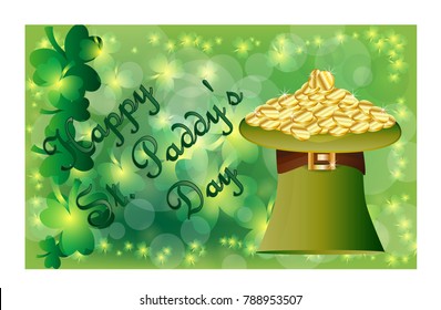 Saint Patrick's Day greeting card with sparkled green clover leaves and text. Inscription - Happy St. Paddys Day