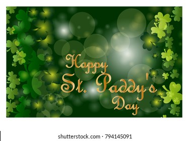 Saint Patrick's Day greeting card with sparkled green clover leaves and text. Inscription - Happy St. Paddys Day