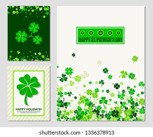 Saint Patrick's Day greeting cards set of three sheets with four leaved greenery clover and shamrock confetti. Vector templates for invitations, greeting cards, certificates. All isolated, layered
