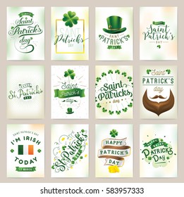 Saint Patricks day greeting cards or posters set. 17 March. Vector typography.