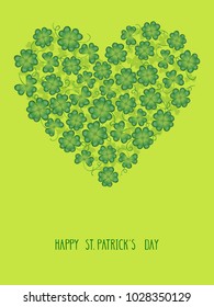 Saint Patricks Day greeting ?ard with clover and Shamrock. Cartoon sweet green heart. Vector illustration with text "Happy St. Patricks Day". 
