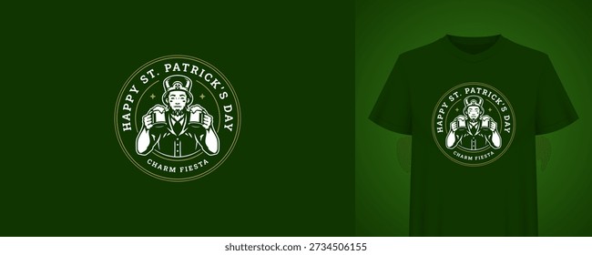 Saint Patricks Day greeting design with leprechaun holding beer. T-shirt print template. Irish holiday vintage badge vector illustration for festive celebration and fun pub party