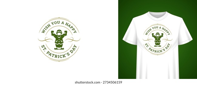 Saint Patricks Day greeting design with funny strong leprechaun. Retro t-shirt print template. Irish holiday vintage badge vector illustration for festive celebration, fun pub party event