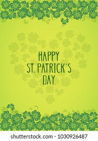 Saint Patricks Day greeting Ñ�ard with heart of clover and Shamrock. Vector illustration with text "Happy St. Patricks Day". 