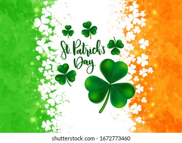 Saint Patrick's Day Greeting with shamrock clover and text on Irish Flag colored abstract background. Vector illustration.