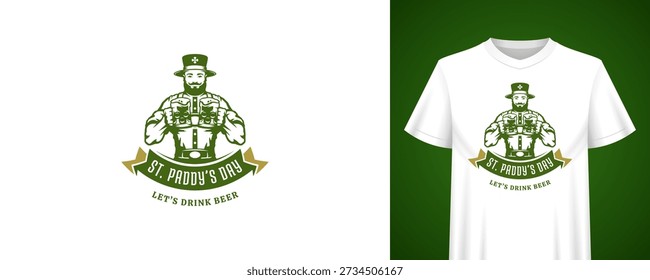 Saint Patricks Day greeting with strong leprechaun and beer mugs. Let's drink beer. T-shirt print template. Irish holiday vintage badge vector illustration for festive pub party