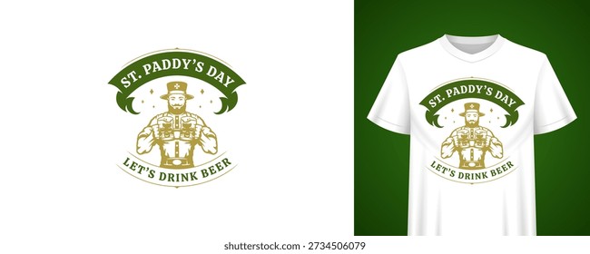 Saint Patricks Day greeting template with strong man, beer mugs. Vintage t-shirt print. Irish holiday retro badge vector illustration for festive celebration, pub bar, alcohol party