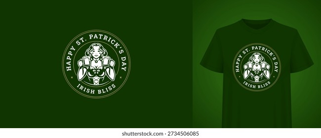 Plantilla de saludo del día de San Patricio con la muchacha hermosa que sostiene las tazas de cerveza. Impresión de la camiseta de Antiguas. Ilustración vectorial de insignia retro de vacaciones irlandesas para celebración festiva, fiesta de pub