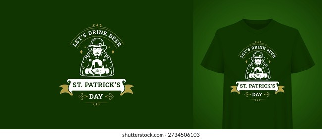 Saint Patricks Day greeting template with man drinking beer. Vintage t-shirt print design. Irish holiday retro badge vector illustration for festive celebration, pub bar, alcohol party